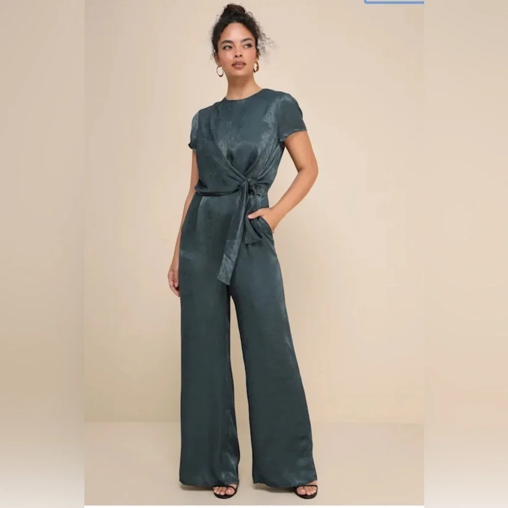 Lulus Let Me Entertain You Dark Green Satin Wide-Leg Jumpsuit XS